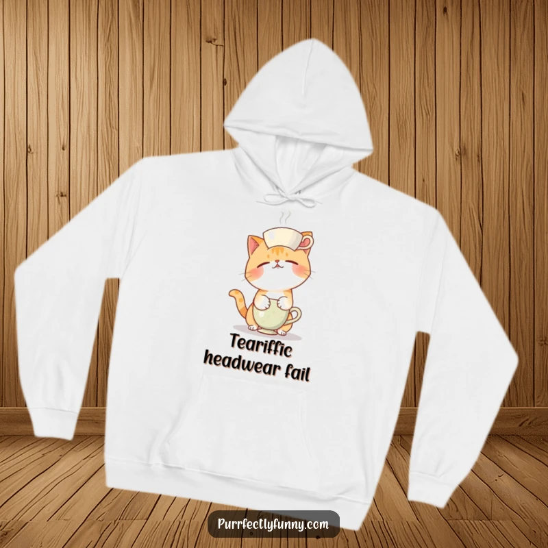 Funny hoodie featuring a cat in a comical pose, struggling to keep a teacup balanced on its head, radiating silliness.