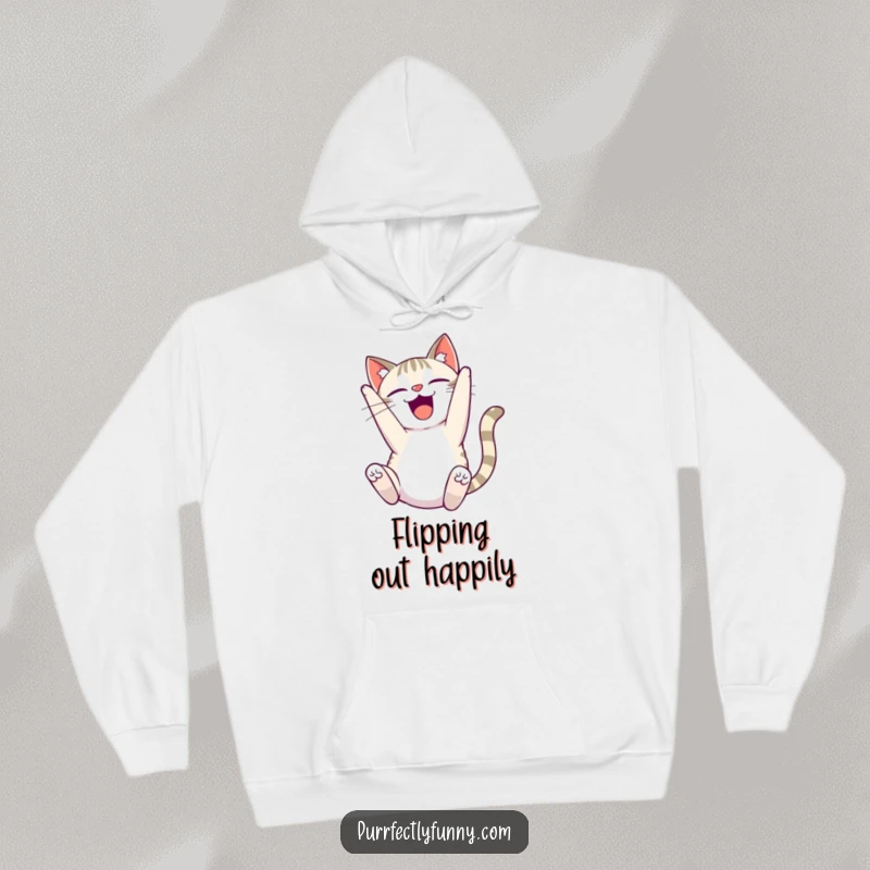Funny delighted cat hoodie, showing a cat in a comical somersault with a gleeful expression, comfortable and fun.