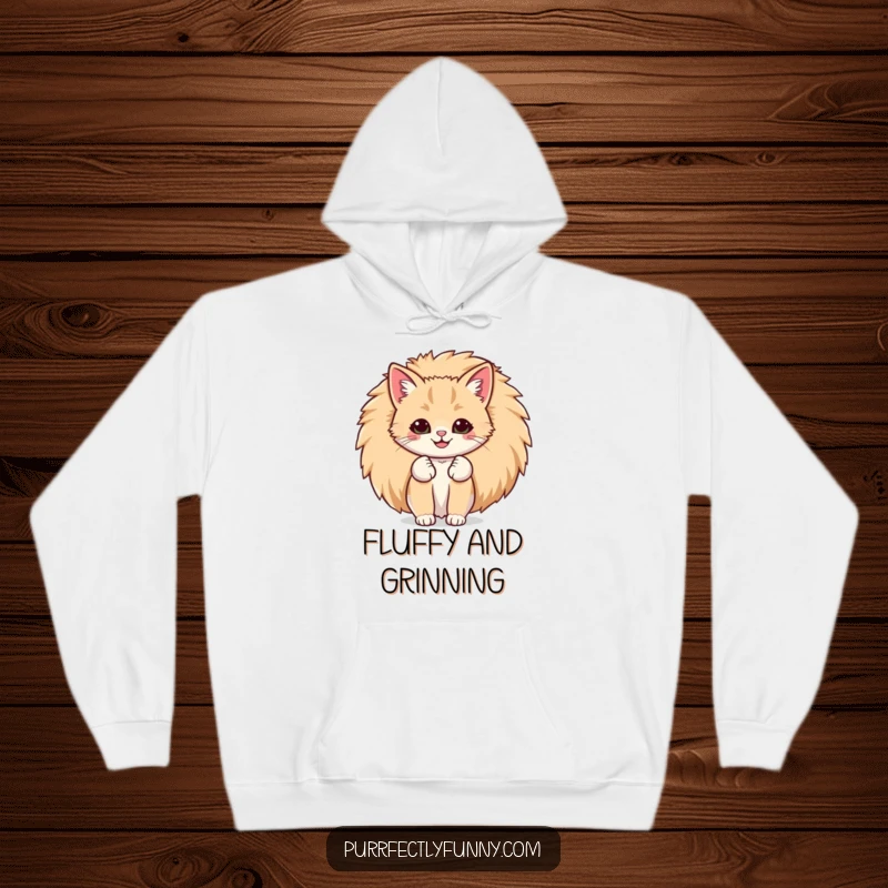 Funny hoodie design of a cat with a comically wide smile peeking out from behind a massive, soft, fluffy tail.