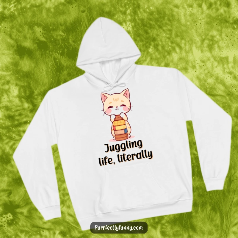 Funny hoodie showing a cat trying hard to balance an unstable pile of various items.