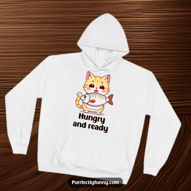 Funny cat hoodie, a cartoon cat with a bib, eyes sparkling with anticipation for an absurdly large fish, ready for a grand meal.