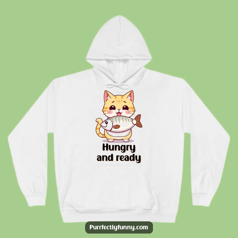 Funny Cat Big Fish Hoodie - Cozy Anticipation, Perfect Gift for Cat & Food Fans