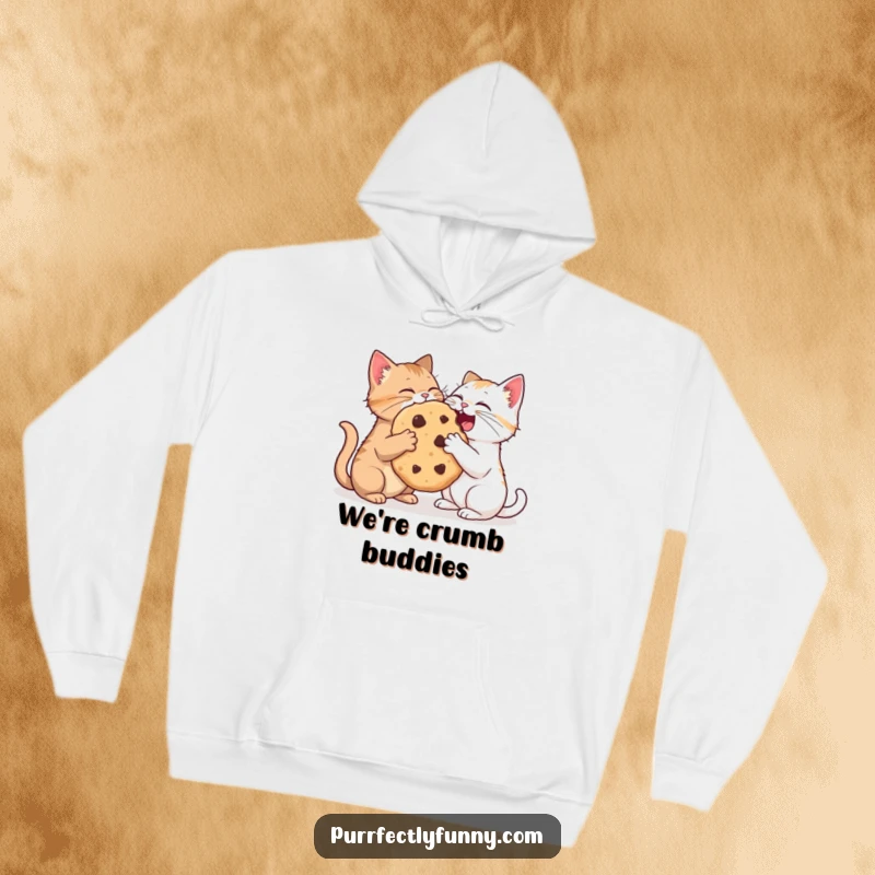 Funny, soft hoodie featuring two cats playfully sharing an enormous cookie, a humorous and snuggly design.
