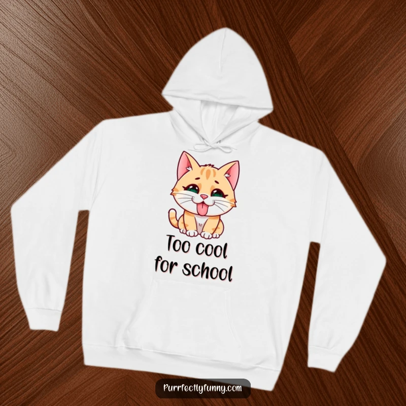 Funny cat character making a funny face, tongue out, on a soft and warm hoodie for ultimate comfort.