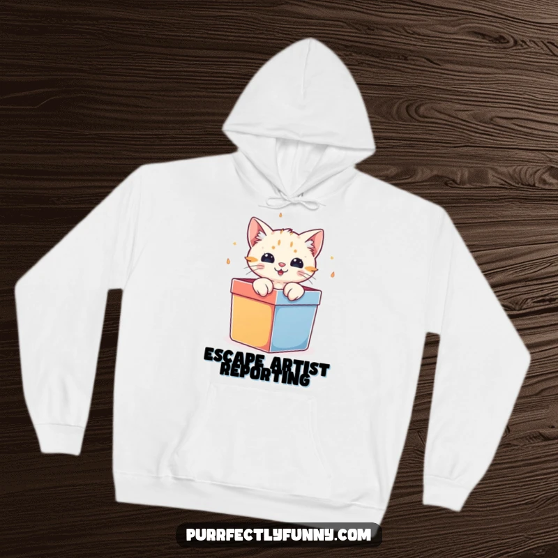 Funny cat character bursting out of a colorful gift box, on a soft and warm hoodie.