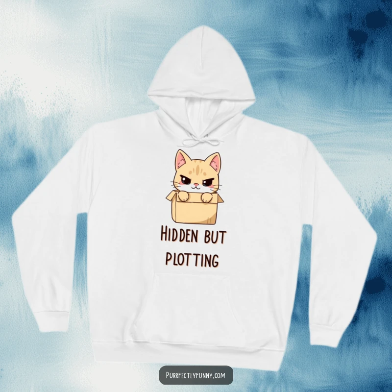 Funny cat character peeking from a box with a mischievous smirk, depicted on a soft hoodie, hinting at playful secrets.