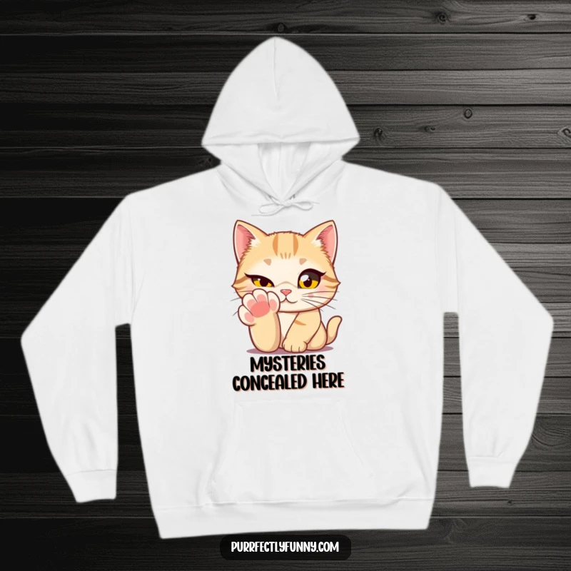 A cat with exaggeratedly large eyes winking from behind its paw, featured on a cozy hoodie for maximum feline appeal.