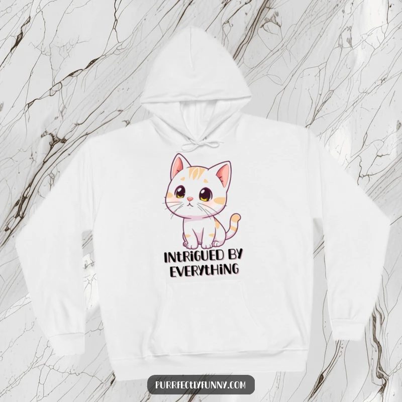 Funny curious cat hoodie, a cat tilting its head with twitching whiskers, showing deep curiosity, comfortable and intriguing.