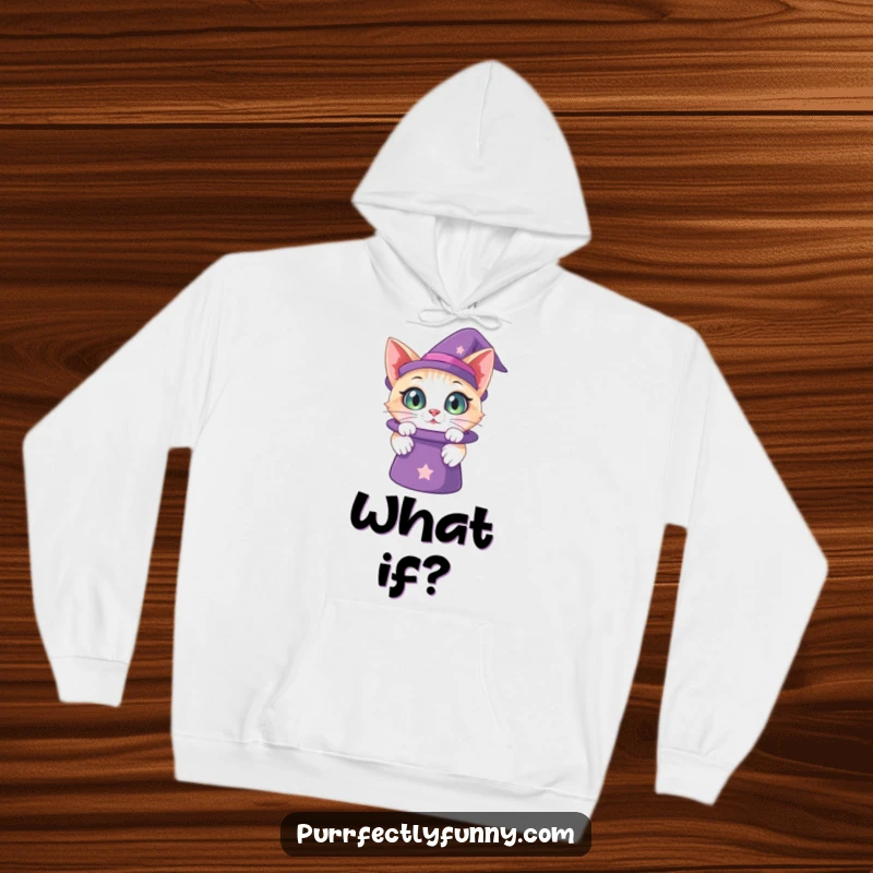 Funny hoodie design of a cat with huge, curious eyes peeking into a magical hat, showcasing fascination and childlike wonder.