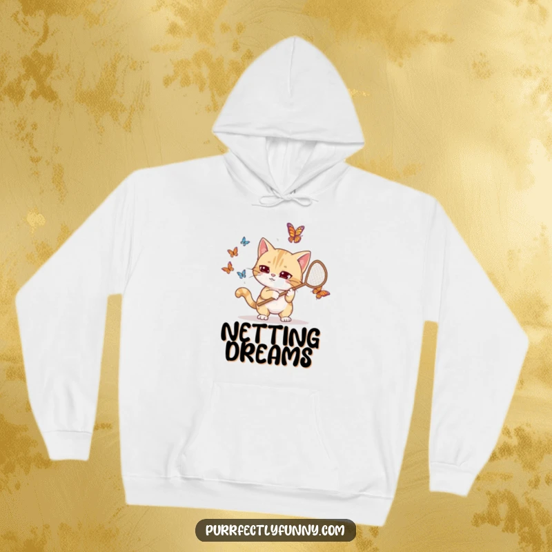 Funny hoodie design of a goofy cat artistically tangled in a net while attempting to catch butterflies, looking hilariously determined.