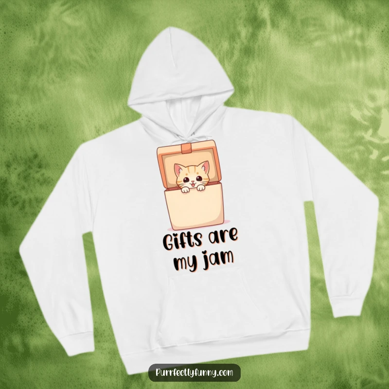 Funny Hoodie displays an excited cat eager to pop out of a large, open gift box, a cozy and humorous design for all.