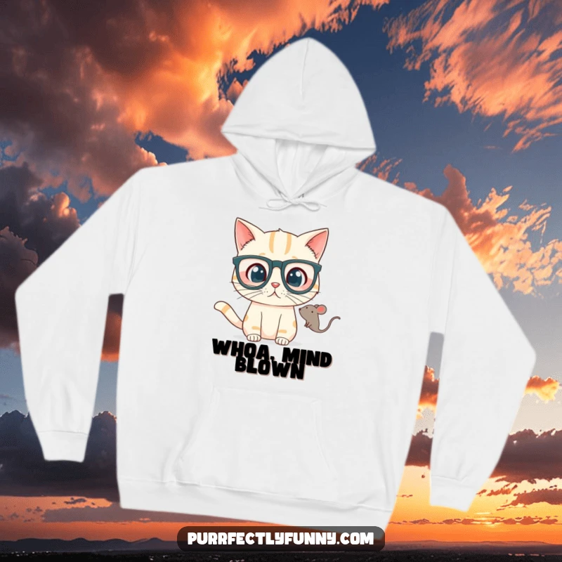 Funny Hoodie displays a cat in oversized glasses, wide-eyed with surprise at a floating toy mouse, offering warmth and humor.