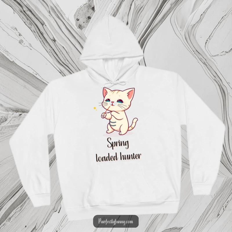 Funny hoodie depicting a cat with its body coiled like a spring, ready to chase a laser pointer dot, offering warmth and humor.