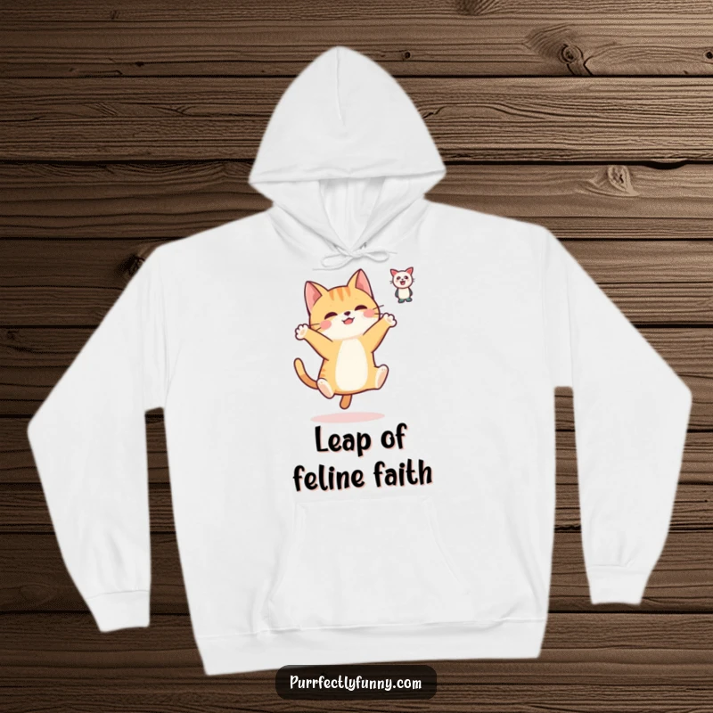 Funny hoodie depicting a simplified cat character leaping with outstretched paws, aiming for a floating toy in a moment of playful chase.