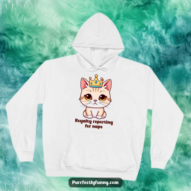 Funny cat hoodie, proud feline in a tiny crown, cozy and humorous design, perfect funny gift for royalty.