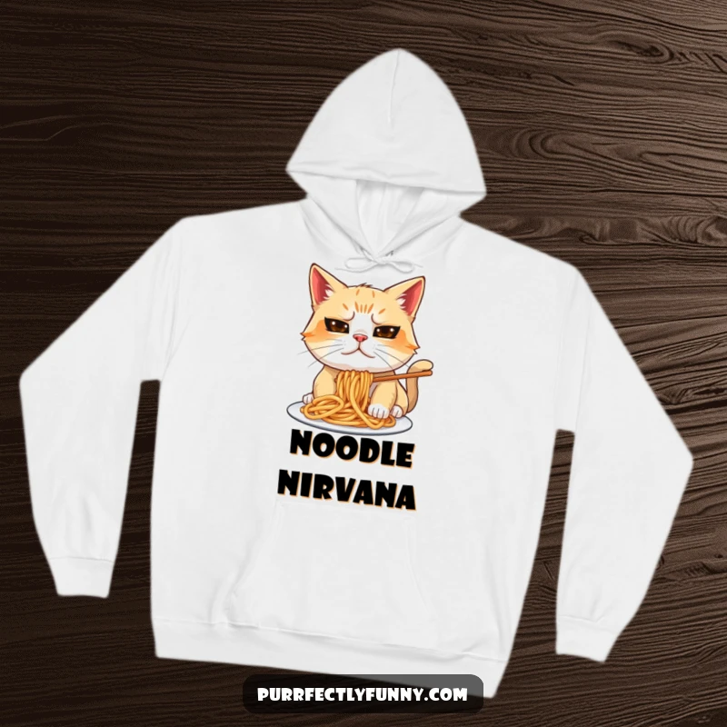 Funny cat with a goofy expression trying to eat spaghetti, on a warm and humorous funny hoodie.
