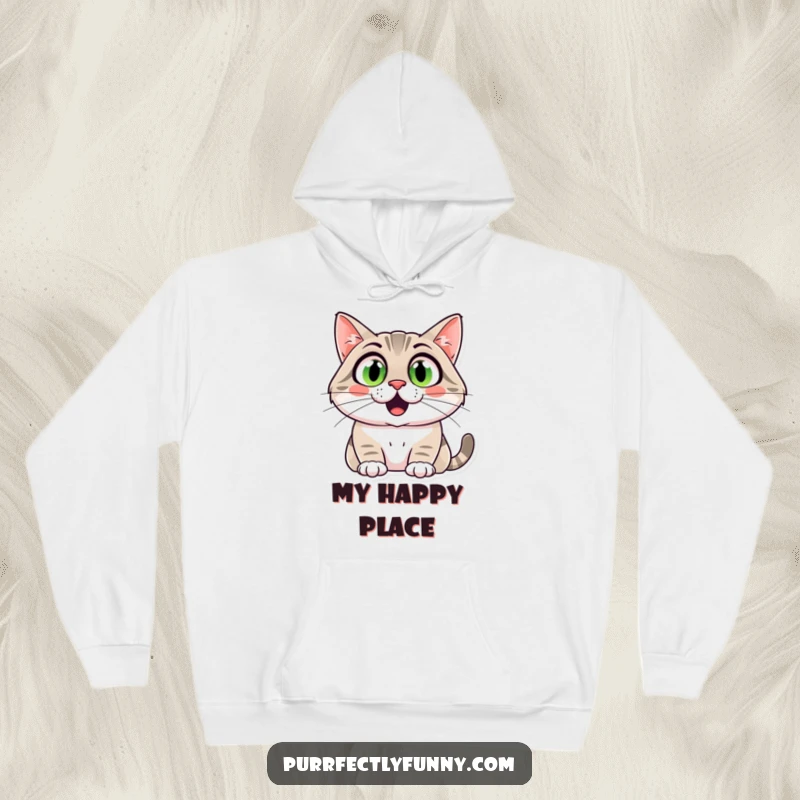 Funny cat with shocked wide eyes and a giant smile on a cozy hoodie, ideal for humor lovers.