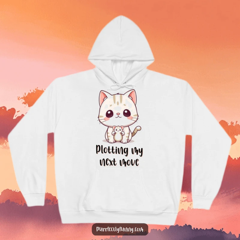 Funny surprised cat hoodie, depicting a cat's comical shock at a toy mouse popping out, cozy and hilarious.