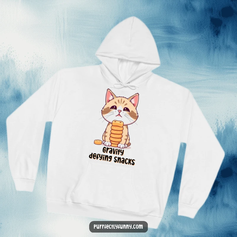 Funny hoodie design featuring a cat concentrating intently while balancing a stack of delicious treats on its nose.