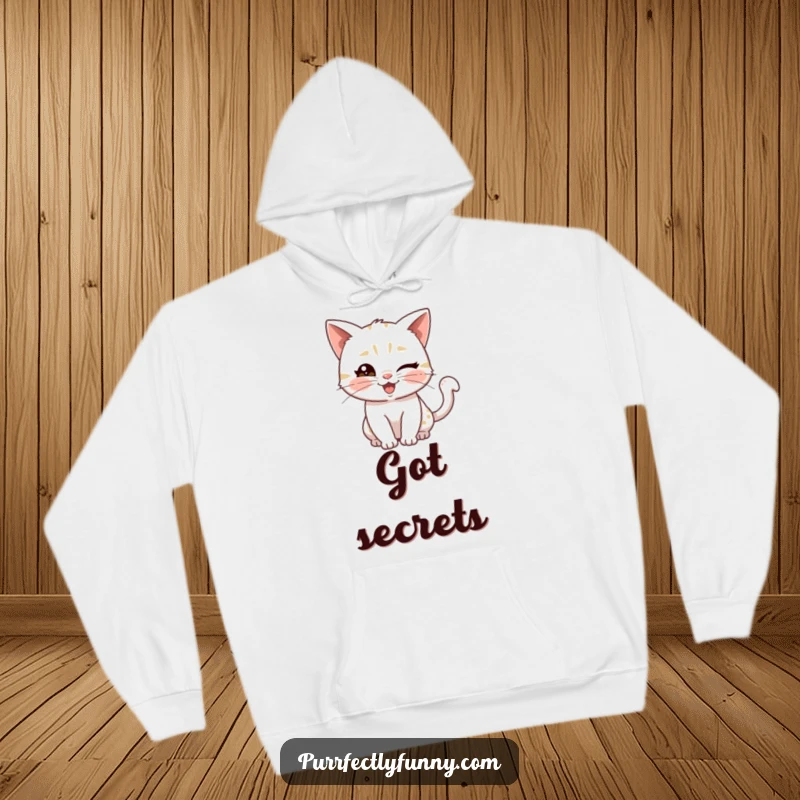 Funny hoodie depicting a playful cat with a knowing wink and a wiggly tail, perfect for expressing a mischievous and charming personality.
