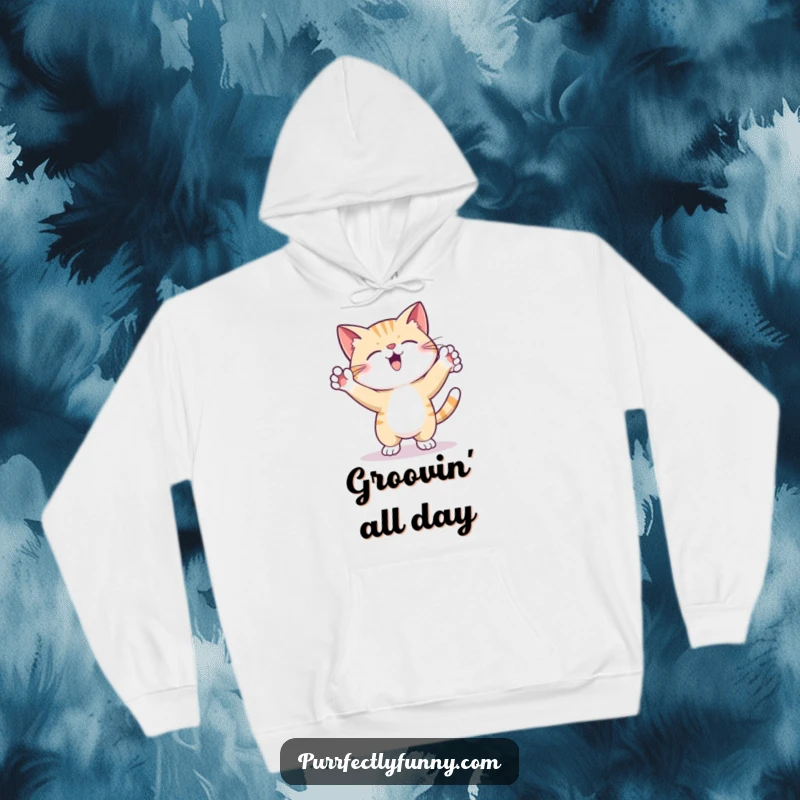 Funny Hoodie showcasing a cat in mid-dance, paws in the air, radiating infectious energy and hilarious, carefree fun.