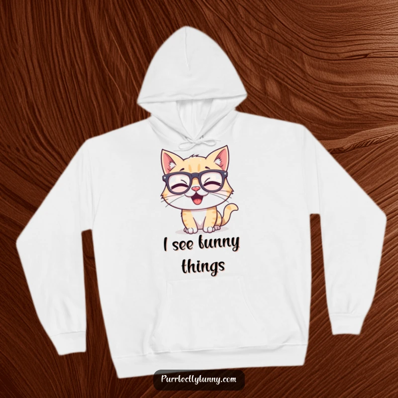 Funny hoodie showcasing a distressed cat character with oversized, goofy glasses, captured mid-giggle, providing cozy and humorous wear for all.