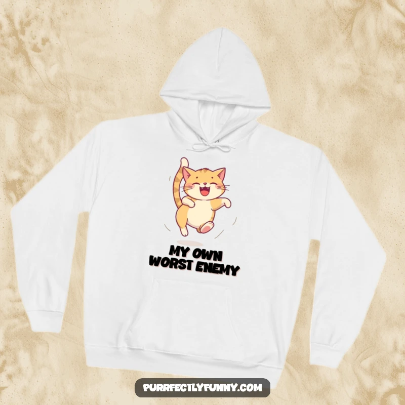 Funny cat hoodie, cat chasing its tail in a dizzy loop, cozy and humorous design, perfect funny gift.