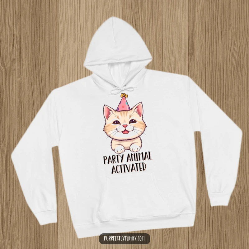 Funny hoodie featuring a cat in a tilted party hat with a comical grin, perfect for cozy celebrations and spreading cheer.