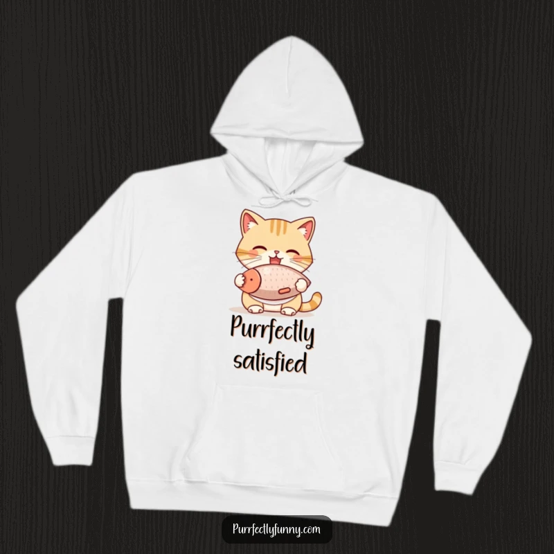Funny Cat Hoodie: A happy cat in a bib is shown mid-bite into a colossal fish treat, a truly comical and satisfying scene.