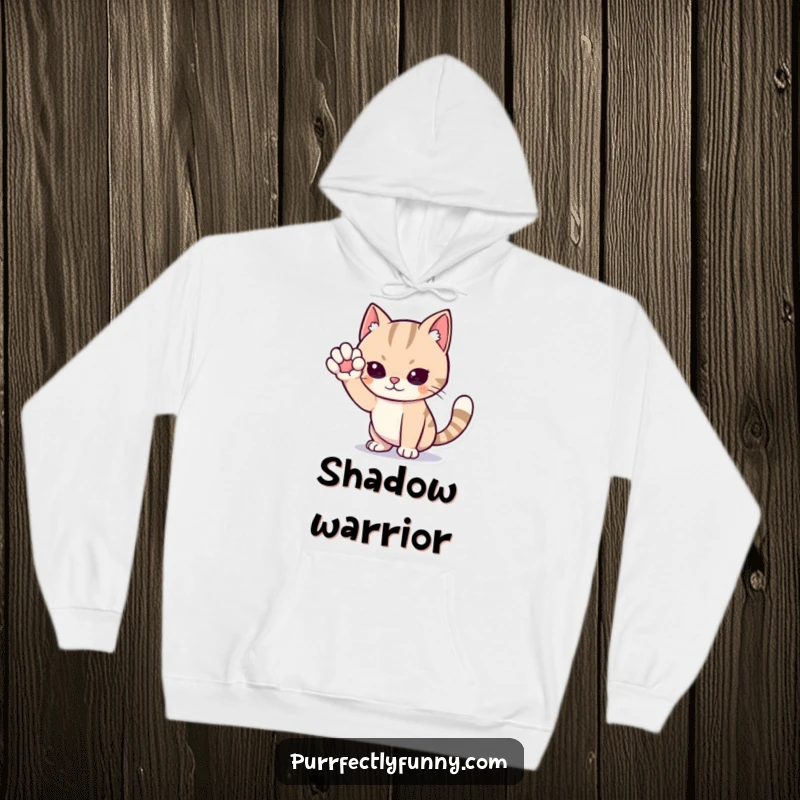 Funny cat hoodie, a cartoon cat in a dramatic sneaking pose, one paw poised mid-air, looking intensely focused and ready for action.