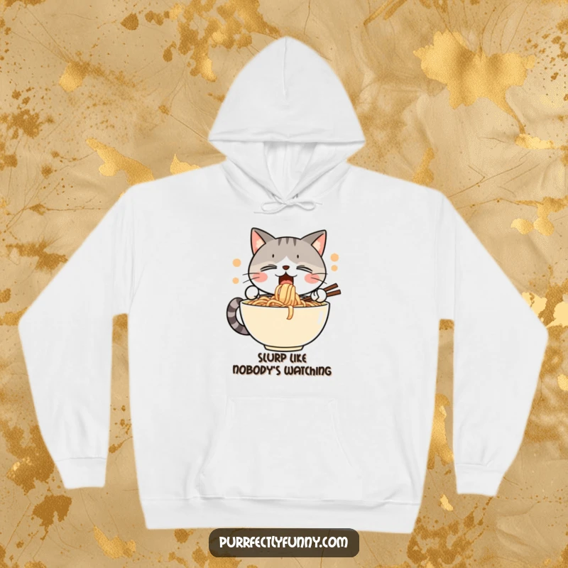 Funny hoodie featuring a cat in a state of pure bliss, enthusiastically slurping a giant bowl of noodles, radiating satisfaction.