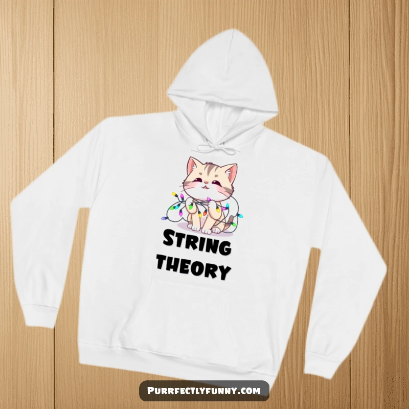 Funny hoodie design of a cat humorously entangled in a string of vibrant, colorful lights, wearing an amused and happy expression.