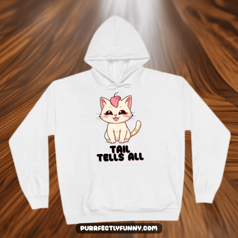 Funny cat hoodie featuring a silly cat with a wide grin and a fanned-out tail, perfect for cozy laughs.