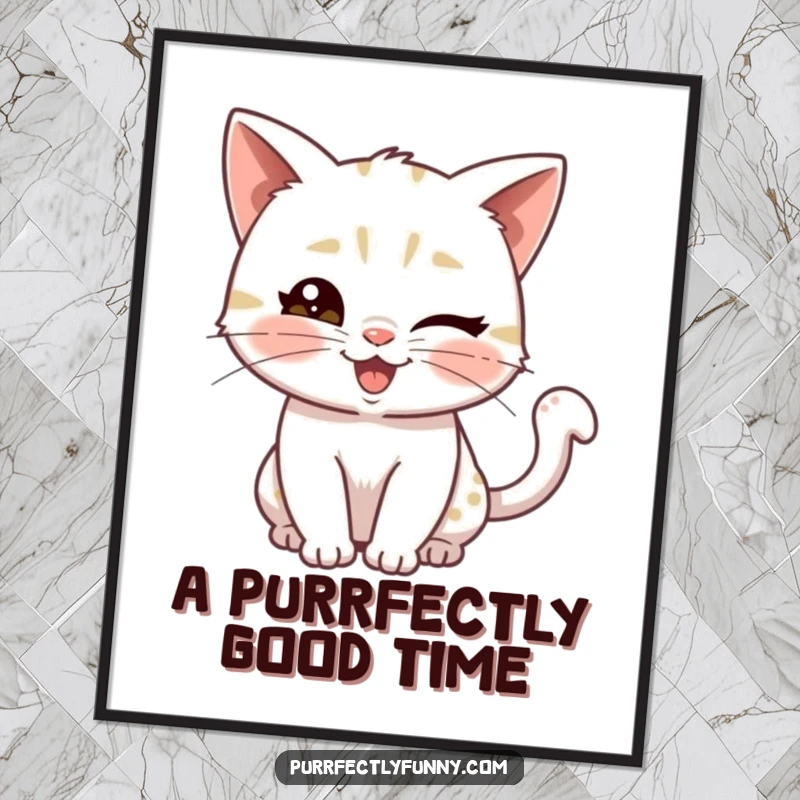 Funny Free Printable Wall Art: A charming cat with a knowing wink and a happily wagging tail, bringing personality to any room.