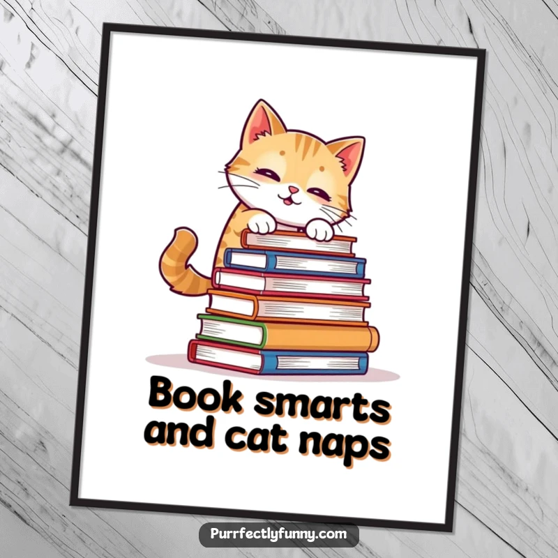 Funny Free Printable Wall Art: A cat humorously attempts to balance a large stack of books, capturing study struggles.