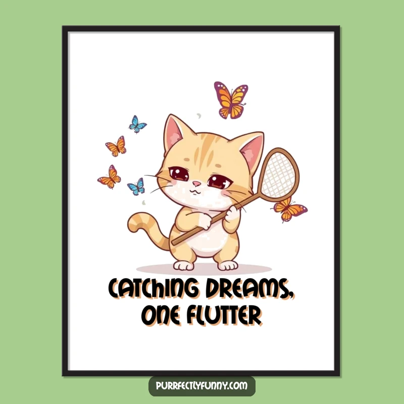 Free Printable Funny Cat Art: Goofy Butterfly Net Catcher, Hilarious Downloadable Decor