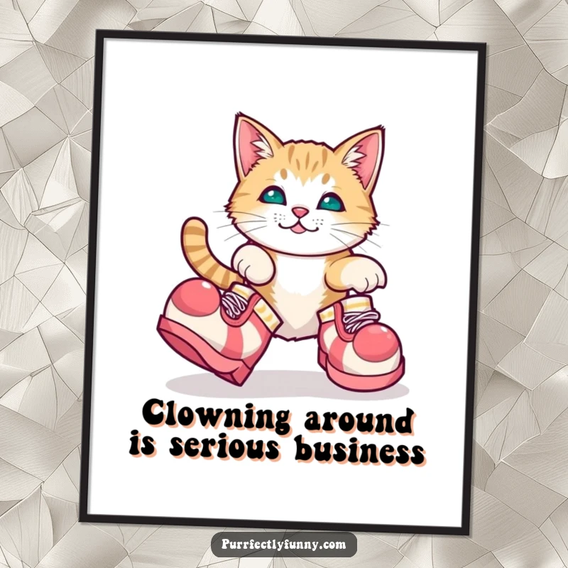 Funny free printable wall art of a cat hilariously tripping while wearing comically large clown shoes. Delightfully clumsy.