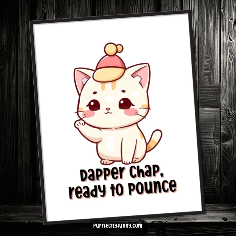 Funny Free Printable Wall Art of a dapper cat wearing a tiny hat and tipping it with elegant panache.