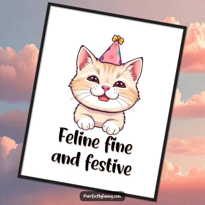 Funny Free Printable Wall Art: A cat wearing a small, tilted party hat shows off a wide, comical grin, radiating pure fun.