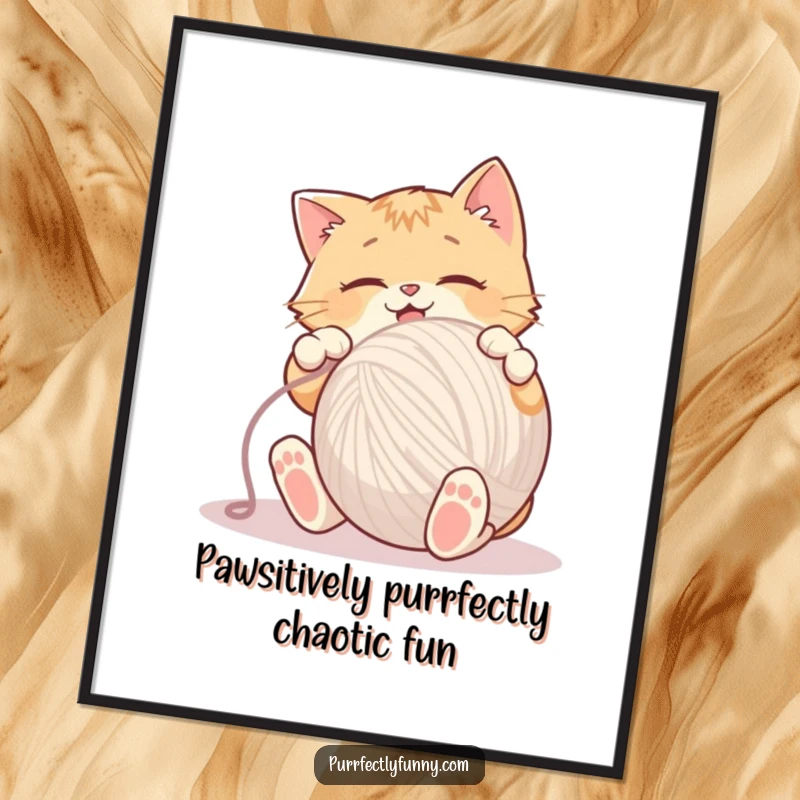 Funny Free Printable Wall Art: Goofy cat batting a giant yarn ball, creating a scene of pure, unadulterated feline joy.