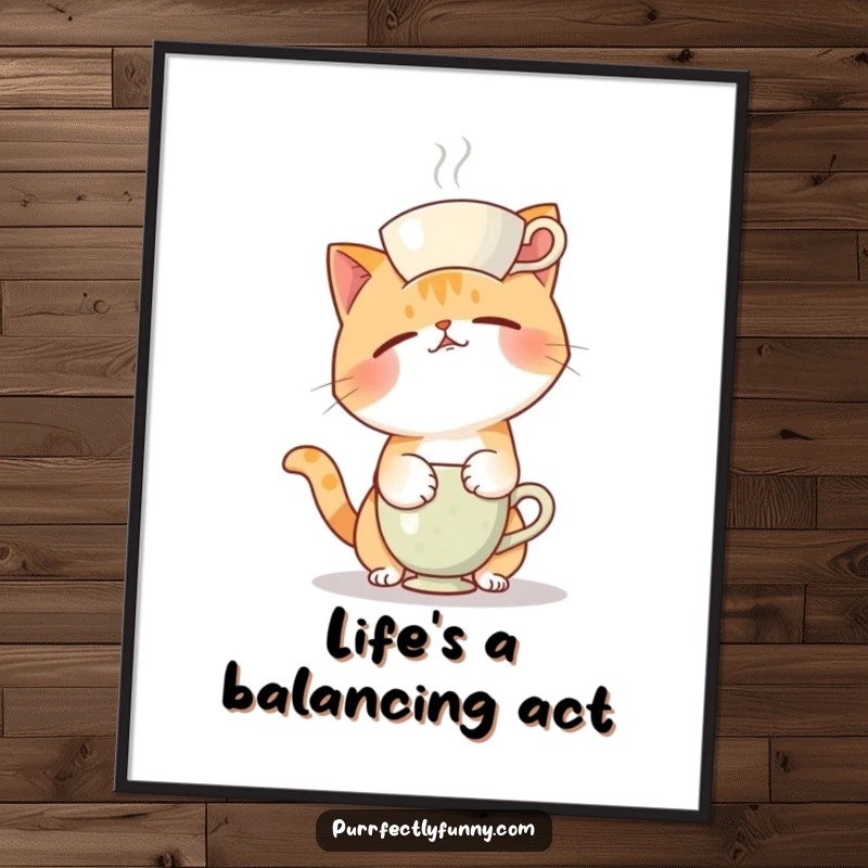 Funny Free Printable Wall Art: Cat hilariously fails teacup balance, perfect DIY downloadable art for amusement.