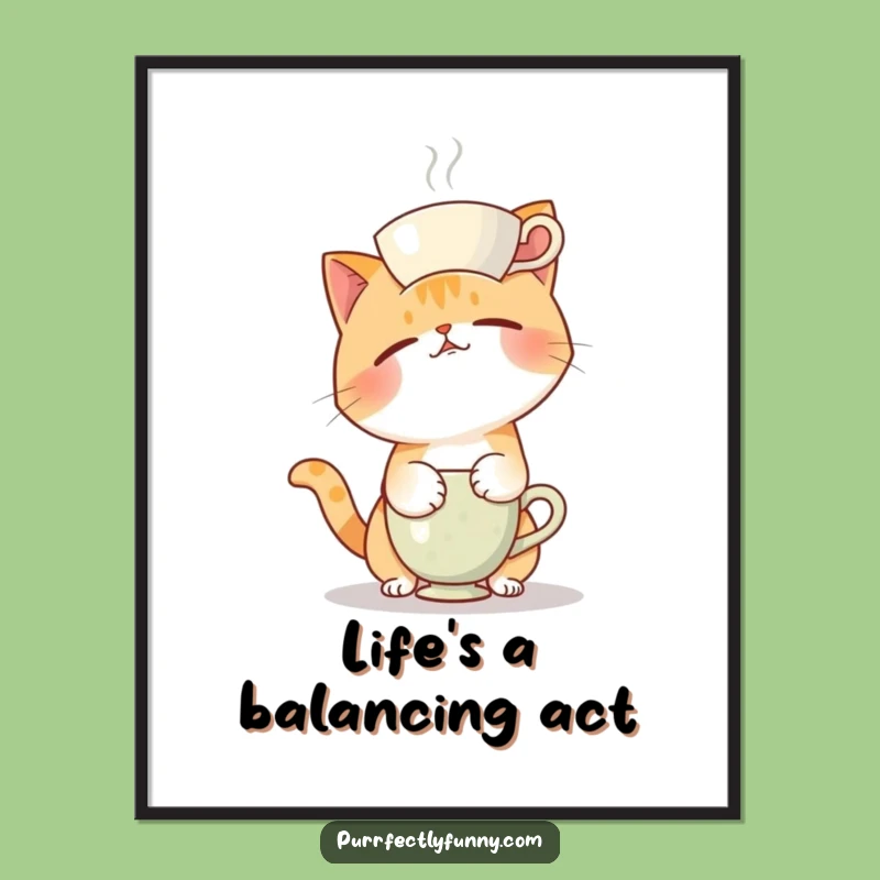 Free Printable Wall Art: Comical Cat Teacup Balance Fail - Humorous Downloadable Decor