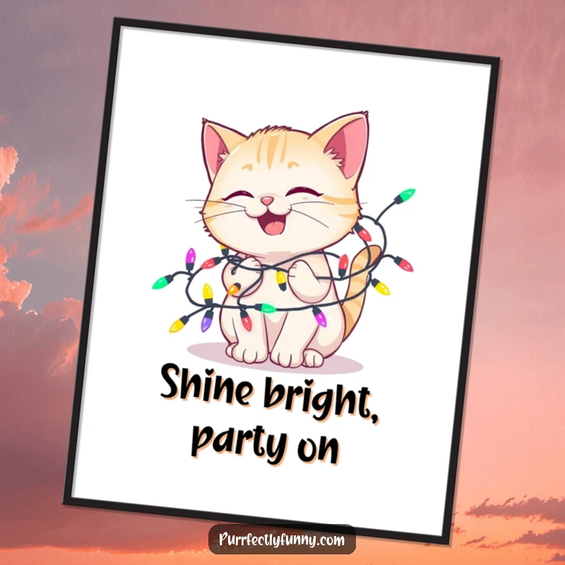 Funny Free Printable Wall Art: A cat is joyfully entangled in a string of bright, colorful lights, radiating happiness and humor.