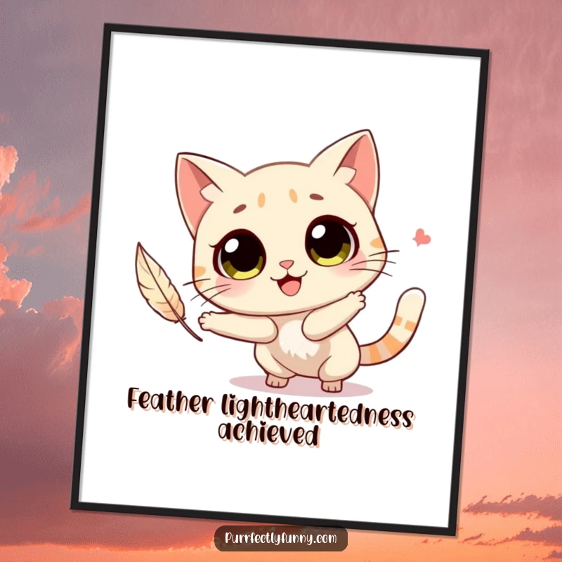 Funny Free Printable Wall Art of a cat character with big, round eyes, gleefully chasing a floating feather with pure joy.