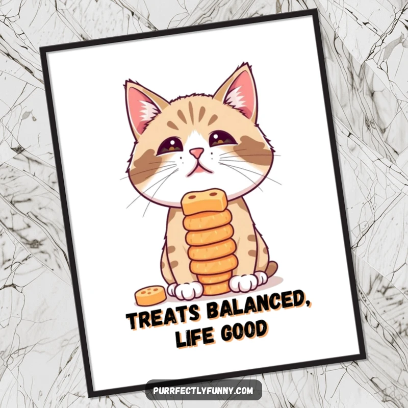 Funny Free Printable Wall Art: A cat concentrating intently while balancing a precarious stack of treats on its nose, humorous downloadable art.