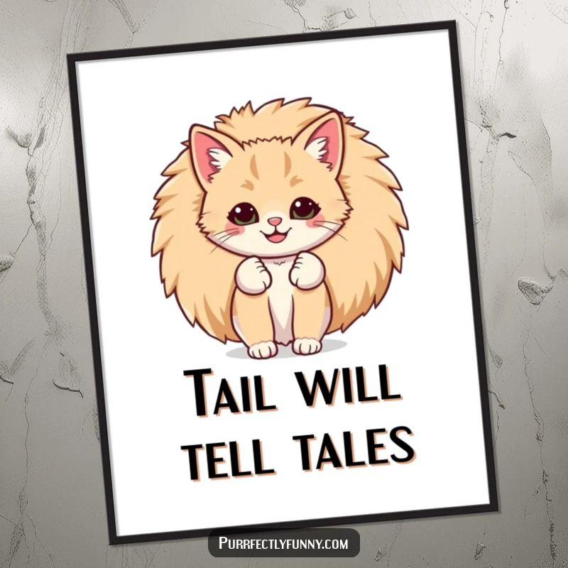 Funny Free Printable Wall Art: A cat's comically large smile peeking from behind a giant, fluffy tail, bringing bashful humor as downloadable art.