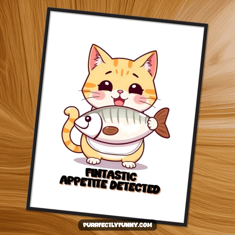 Funny Free Printable Wall Art: Comical cat in a bib stares longingly at an oversized fish, a downloadable feast for the eyes.
