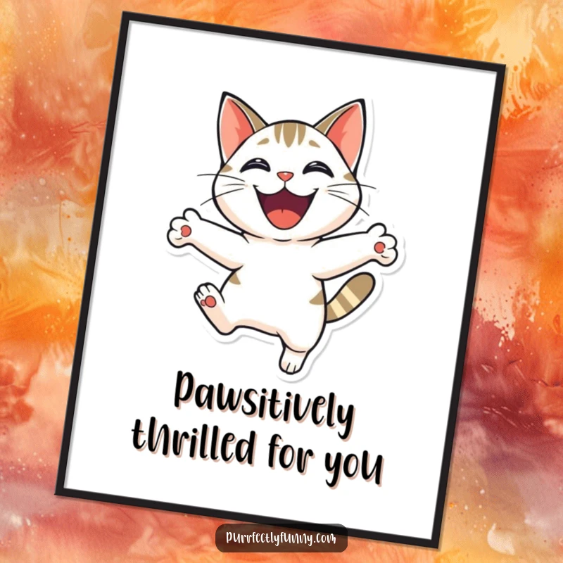 Funny Free Printable Wall Art: A cat captured mid-leap with a huge, infectious grin, radiating pure happiness.