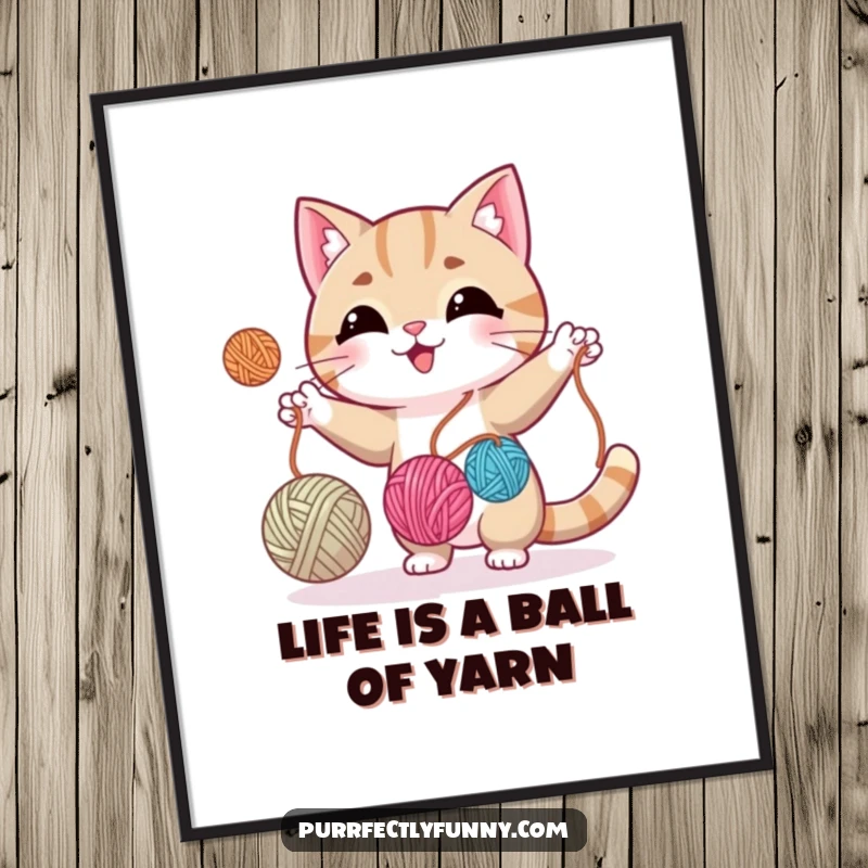 Funny Free Printable Wall Art: An energetic cat skillfully juggling three balls of colorful yarn, a scene of playful chaos.