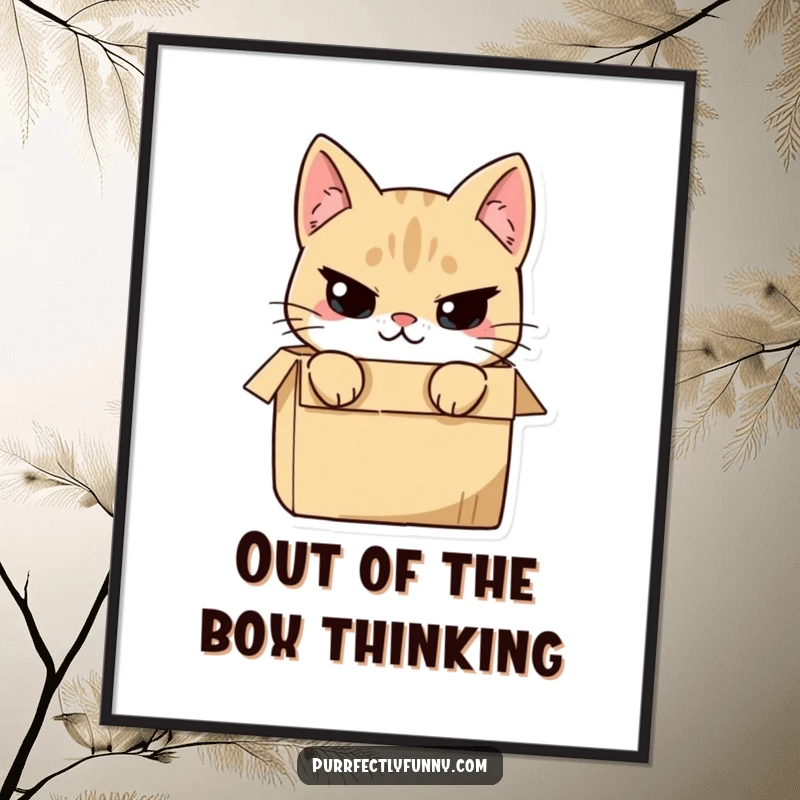 Funny Free Printable Wall Art: A cat character emerges from a box, giving a cheeky, mischievous smirk, perfect for playful decor.